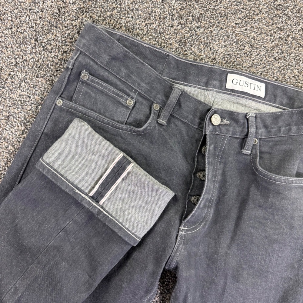 Gustin Slim Fit Raw Selvedge Denim Jeans Grey Button Fly USA Made 34x28 Red Line